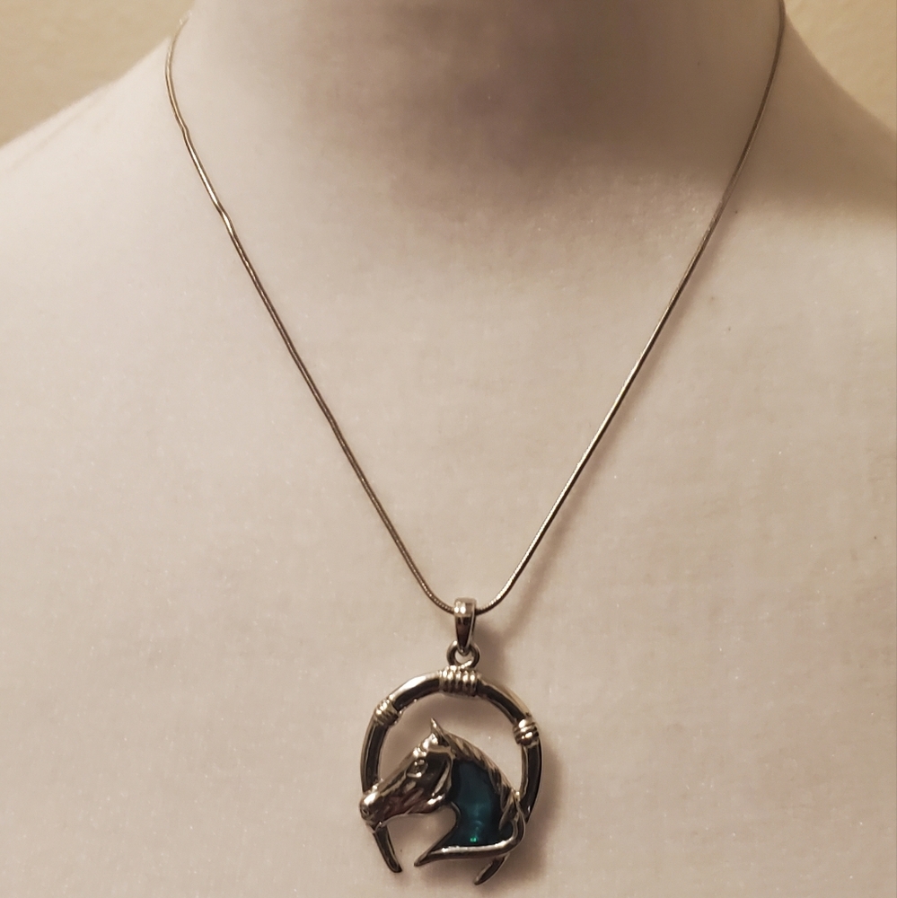 Abalone Silver Tone Horse Pendant Necklace
